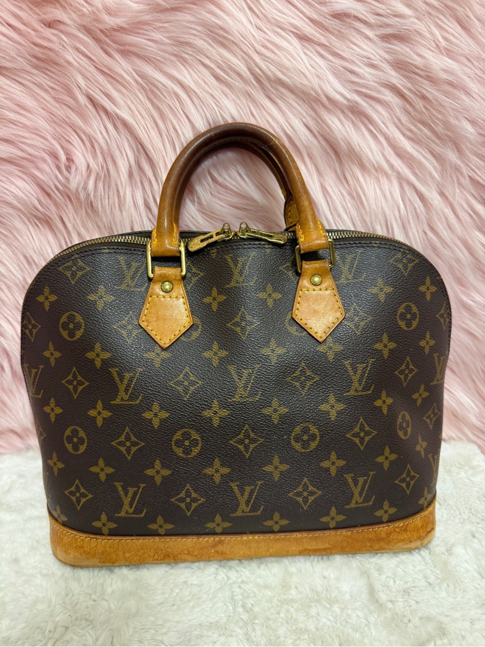 Louis Vuitton Monogram Canvas Alma Satchel in Brown and Natural Vachetta
